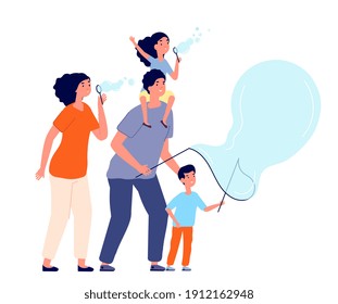 Family and bubbles. Soap bubble blowing, happy parents and child outdoor game. People play together, summer fun activity utter vector concept