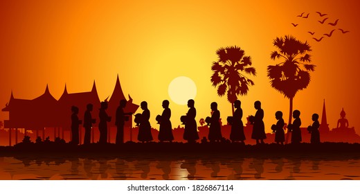 family of buddhist give food offering to monks or ask as a favour receive food or ask for alms,routine of monk,vector illustration