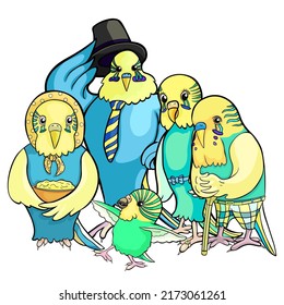 Family of budgerigars grandfather, grandmother, mother, father and child. vector illustration