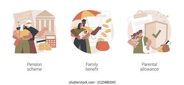Family budget abstract concept vector illustration set. Pension scheme, family benefit, parental allowance, retirement plan, payment per child, maternity leave, finance adviser abstract metaphor.