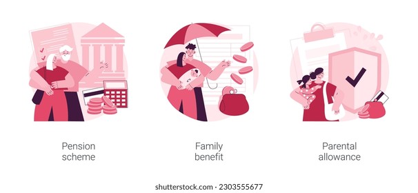 Conjunto de ilustración vectorial de concepto abstracto de presupuesto familiar. Plan de pensiones, prestación familiar, prestación parental, plan de jubilación, pago por hijo, licencia de maternidad, metáfora abstracta del asesor financiero.