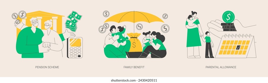 Family budget abstract concept vector illustration set. Pension scheme, family benefit, parental allowance, retirement plan, payment per child, maternity leave, finance adviser abstract metaphor.