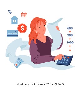 Family budget calculation vector illustration. Cartoon woman with calculator and invoice receipt calculating balance of financial income and expense in bank account. Personal accounting concept