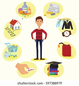 Family budget composition of full length male character with empty pockets surrounded by valuable things circle vector illustration