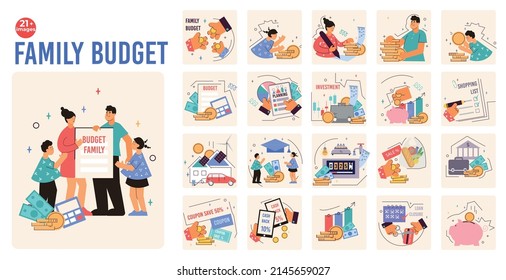 Family Budget Compositions Set With Flat Isolated Icons Of Money Saving Banking And Property With People Vector Illustration