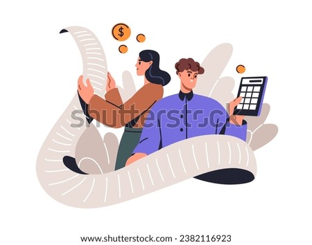 Family budget concept. Couple and personal finance, financial literacy. Household money, accounting, economy. Calculating income and expenses. Flat vector illustration isolated on white background
