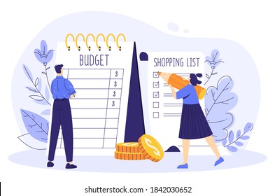 Family budget concept. The couple is planning finances at crisis. A woman writes a shopping list, a man calculates a budget. Isolated vector illustration in modern flat style