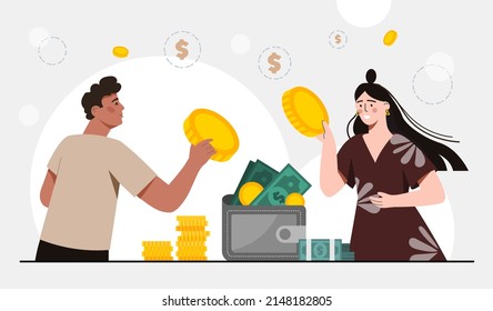 Family Budget Concept. Man And Girl With Coins In Their Hands, Financial Literacy And Savings. Young Couple Investing Money, Passive Income, Finance Management. Cartoon Flat Vector Illustration