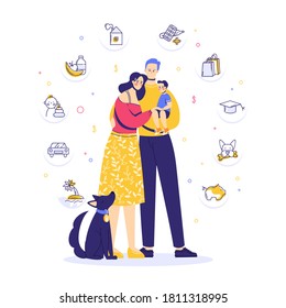 Family budget concept. Mother, father, child and dog. Expense category line icons. Modern flat style illustration