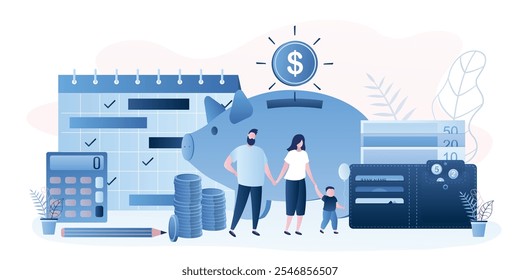 Family budget concept. Parents with kid. Money management. Wallet with banknotes and coins. Monthly planner, calculator and piggy bank. Retirement savings. Trendy style vector illustration