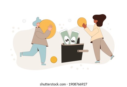 Family budget concept. Two persons with money. Young couple holding a huge coin and putting it in wallet with banknotes. Line art flat vector illustration. 
