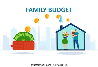 Family budget concept. Vector of a happy family inside a house and money being transferred from wallet 