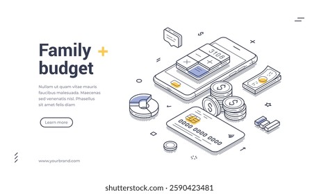 Family budget concept. Web banner features an isometric design showcasing a smartphone with a budgeting app, dollar bills, coins, and charts. Vector illustration