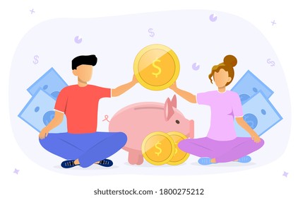 Family budget concept wit couple doing finances together in front of a piggy bank holding a gold coin, colored vector illustration