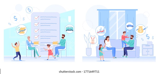 Family budget, finances, capital, savings accounting set. Sad father, mother dreaming to increase monthly finance income. Naughty children wish about toy gifts. Anti-crisis economy strategy planning