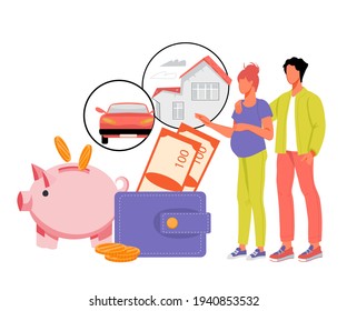 Family budget and financial planning concept  with  married couple. Family money savings concept with young couple expecting baby, flat vector illustration isolated on white.