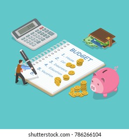 Family budget flat isometric vector concept. Man is planning the family budget and write down it into the notepad. There is some amount of money near of the each of the budget item.