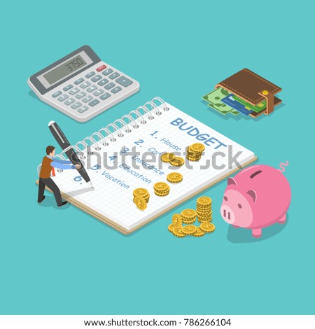 Family budget flat isometric vector concept. Man is planning the family budget and write down it into the notepad. There is some amount of money near of the each of the budget item.