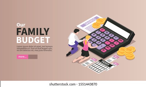 Family Budget Isometric Horizontal Landing Page Banner With Couple Calculating Monthly Income Taxes Savings Expenses Vector Illustration 