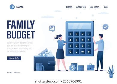 Family budget, landing page template. Love couple growing money tree. Father watering plant. Mother take profit. Wallet with banknotes and credit cards. Safe, profitable deposit. Vector illustration