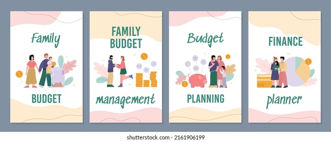Family budget management banners set with cartoon characters in flat vector illustration. Finance planner for household management, money saving, expense control, investment bank programs