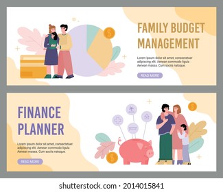 Family budget management and finance planner web banners set with cartoon characters, flat vector illustration. Family money saving and investment bank programs.