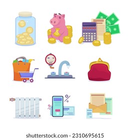Family budget management vector illustrations set. Collection of cartoon drawings of jar and piggybank with savings, shopping, water and heating costs. Household, finances, family budget concept