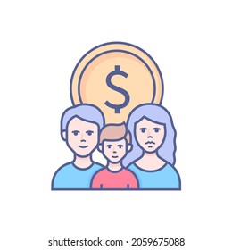 Family Budget - Modern Line Design Style Icon On White Background. Neat Detailed Image Of Mom, Dad And Child Who Are Planning To Distribute Income. Savings, Coin, Dollar, Cash, Smart Spending