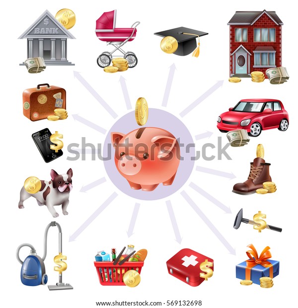 Family budget money box saving concept composition with\
payments outgoing money expenses symbols radial icons composition\
vector illustration  
