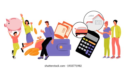 Family budget and money saving banner with young married couples, flat vector illustration isolated on white background. Family  expenses,  investments and bank savings programs.