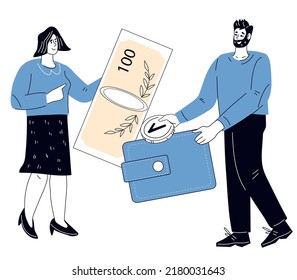 Family budget and money saving concept with people putting cash in wallet, flat cartoon vector illustration isolated on white background. Earning, family finance or loan.