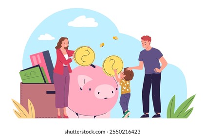 Orçamento familiar. Pais e garoto obter moedas de dinheiro no piggy bank, famílias plano financeiro investir poupança conceito casal com filhos grande depósito salvar vetor ilustração original arte