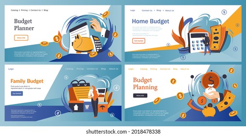 Family Budget Planner, Home Money Plan, Vector Illustration. Financial Management Concept At Landing Banner Set. Man Woman People Charcater Make Income Finance Analysis, Template Page.