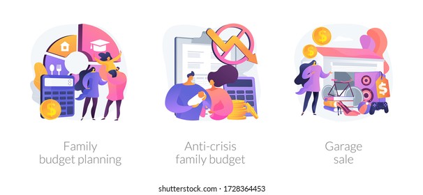 Family budget planning abstract concept vector illustration set. Anti-crisis family budget, garage sale, economic decision, family income, budget saving, flea market, second hand abstract metaphor.