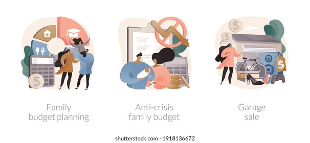 Family budget planning abstract concept vector illustration set. Anti-crisis family budget, garage sale, economic decision, family income, budget saving, flea market, second hand abstract metaphor.