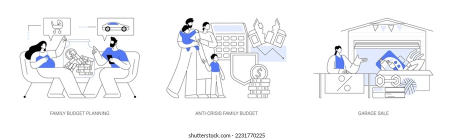 Familienbudget Planung abstraktes Konzept Vektorgrafik Set. Krisenfeindliche Familienbudgets, Garagenverkauf, wirtschaftliche Entscheidungen, Familieneinkommen, Haushaltsersparnis, Flohmarkt, abstrakte Metapher aus zweiter Hand.