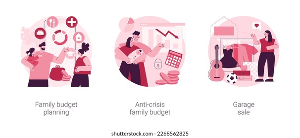 Family budget planning abstract concept vector illustration set. Anti-crisis family budget, garage sale, economic decision, family income, budget saving, flea market, second hand abstract metaphor.