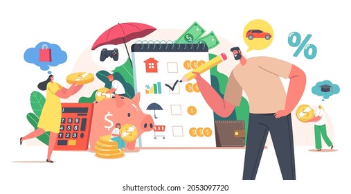 Family Budget Planning Concept. People Earn and Save Money, Tiny Male and Female Characters Collect Coins into Huge Piggy Bank. Universal Basic Income, Capital, Wealth. Cartoon Vector Illustration