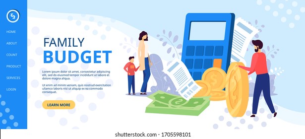 Family budget planning at crisis, money economy bank problem finance. Woman and man couple, people financial covid credit, tax business bill. People problems worried isolated home vector illustration.