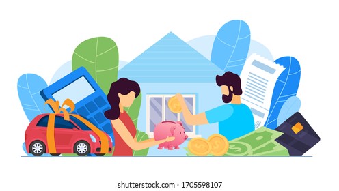 Family Budget Planning At Crisis, Money Economy Bank Problem Finance. Woman And Man Couple, People Financial Covid Credit, Tax Business Bill. People Problems Worried Isolated Home Vector Illustration.