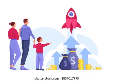 Family Budget Planning Or Income Growth Investment Illustration With Arrows, Happy People, Rocket, Money. Revenue Or Salary Increase Financial Vector Concept. Income Growth Cartoon Clipart With Coins