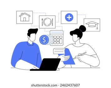 Family budget planning isolated cartoon vector illustrations. Young couple planning budget and looking through bank accounts together, financial affairs, money management vector cartoon.