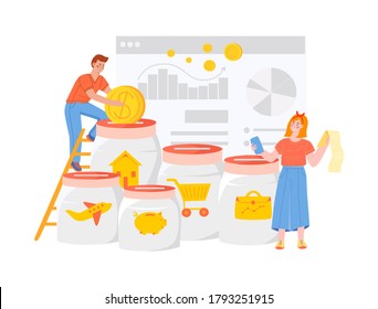 Family budget planning, managing personal budget. Man standing on a ladder among different category jars putting a coin in a jar for house mortgage. Woman with smartphone app calculating cash flow 