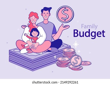 Family budget planning. Money saving or accumulating, Financial services, Deposit concept. Family tax benefit, payment per child, help with raising children vector illustration for banner, poster.