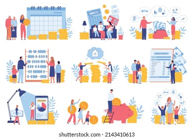 Family budget planning set with isolated icons of piggy bank price list calculations with human characters vector illustration