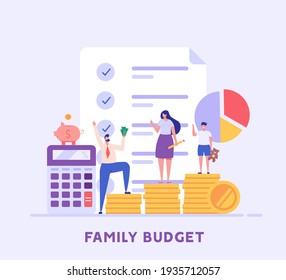 Family Budget Planning. Yong Couple With Child Saving Money And Planning With Piggy Bank, Calculator And Coins. Concept Of Family Money, Household Finance. Vector Illustration In Flat Cartoon Design