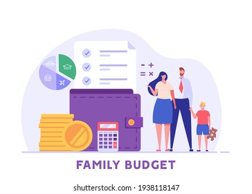 Family budget planning. Yong couple with child saving money and planning with piggy bank, calculator and coins. Concept of Family money, household finance. Vector illustration in flat cartoon design