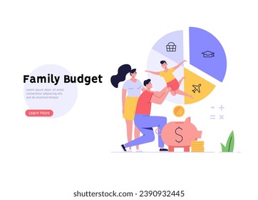 Family budget planning. Yong couple with child saving money and planning with piggy bank, calculator and coins. Concept of Family money, household finance. Vector illustration in flat cartoon design