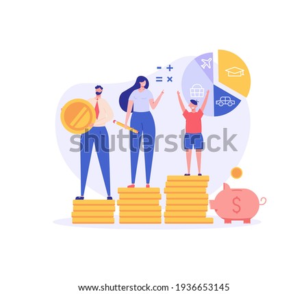 Family budget planning. Yong couple with child saving money and planning with piggy bank, calculator and coins. Concept of Family money, household finance. Vector illustration in flat cartoon design