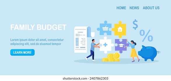 Family budget planning. Young couple forms the family budget, divides the items of expenditure. Saving money, control household finance